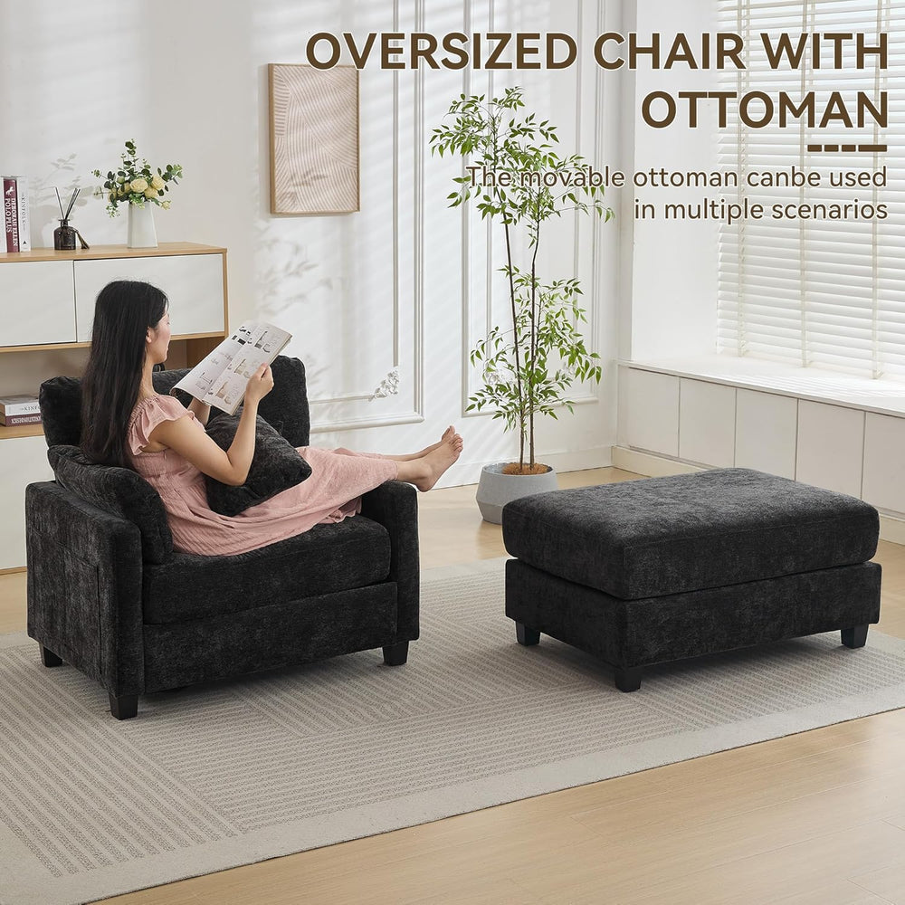 57.5" Oversized Chenille Chair with Movable Ottoman, Black Deep Seat Com...