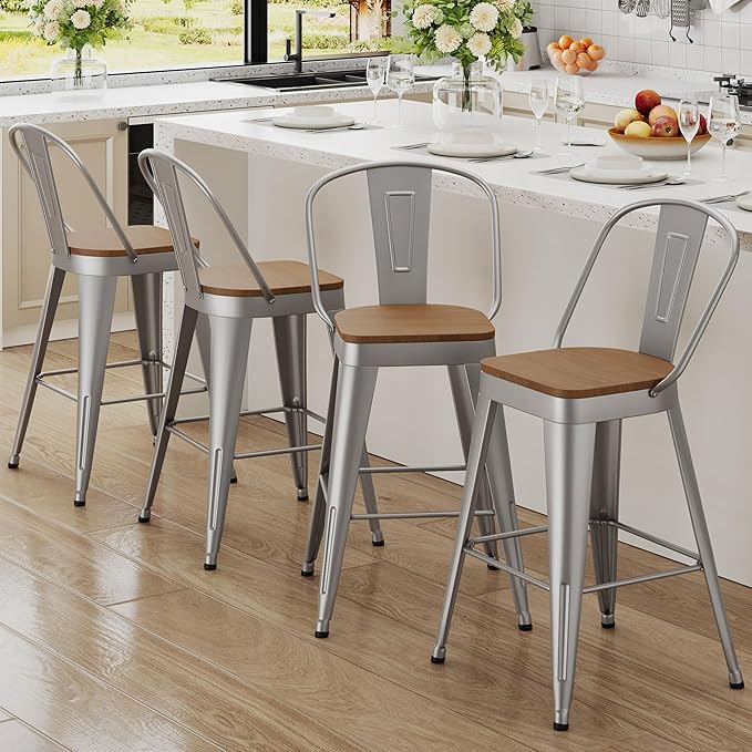 Andeworld Metal Bar Stools Set of 4, 26 inch Counter Height Barstools with Ba...