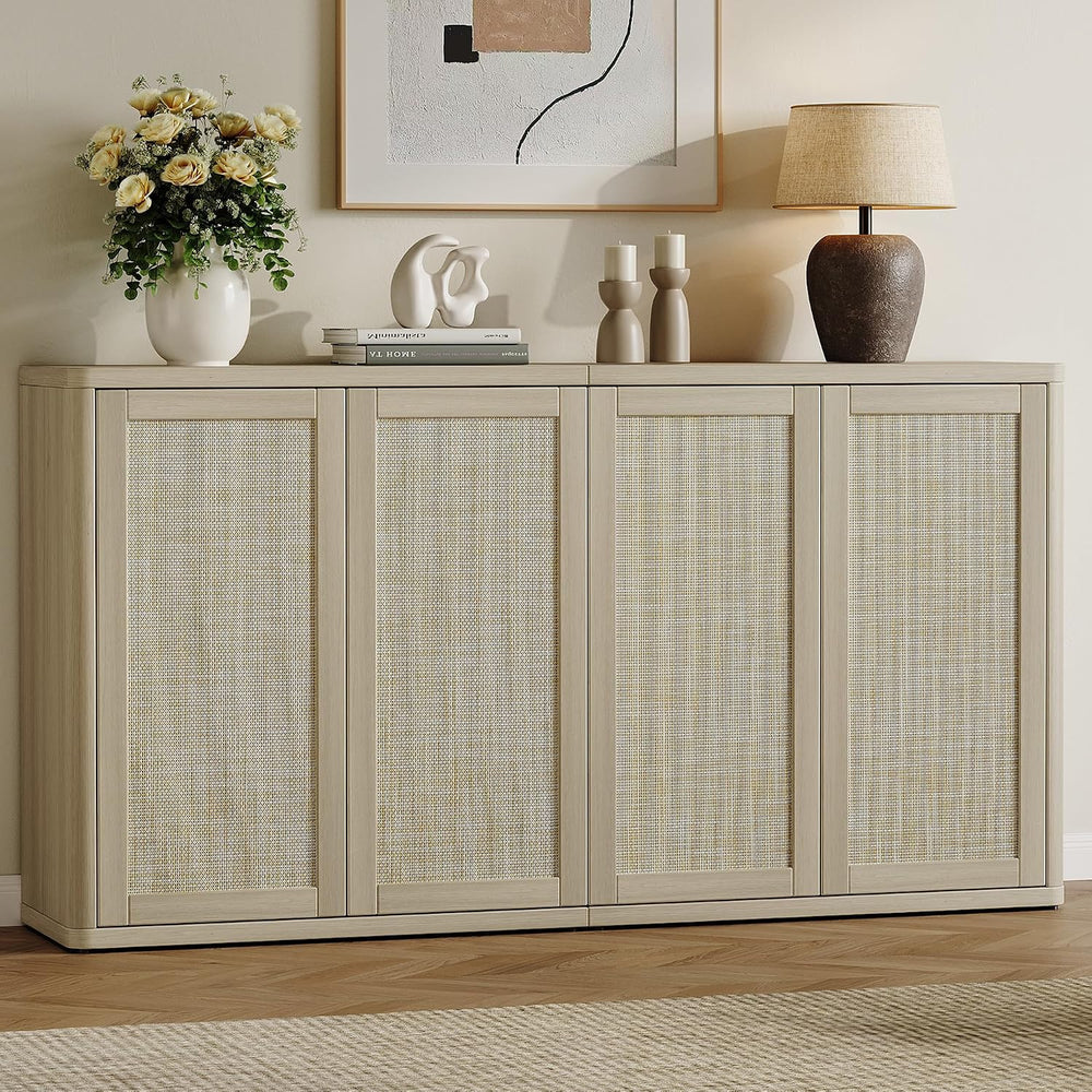 SICOTAS Rattan Buffet Sideboard Storage Cabinet - 64" Modular Boho Farmh...