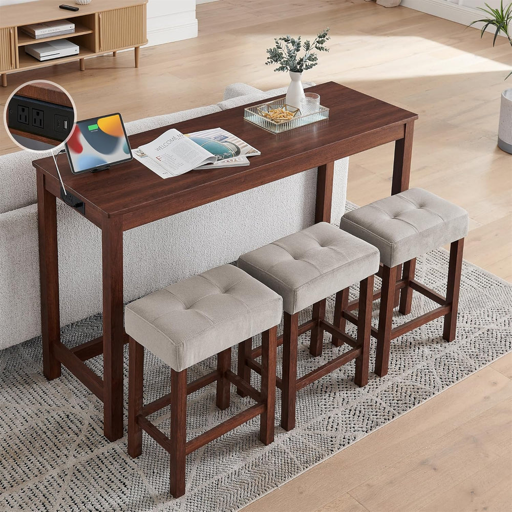 Merax 59 Inch Industrial Bar Table Set with Power Outlet & 3 Stools, Kitc...