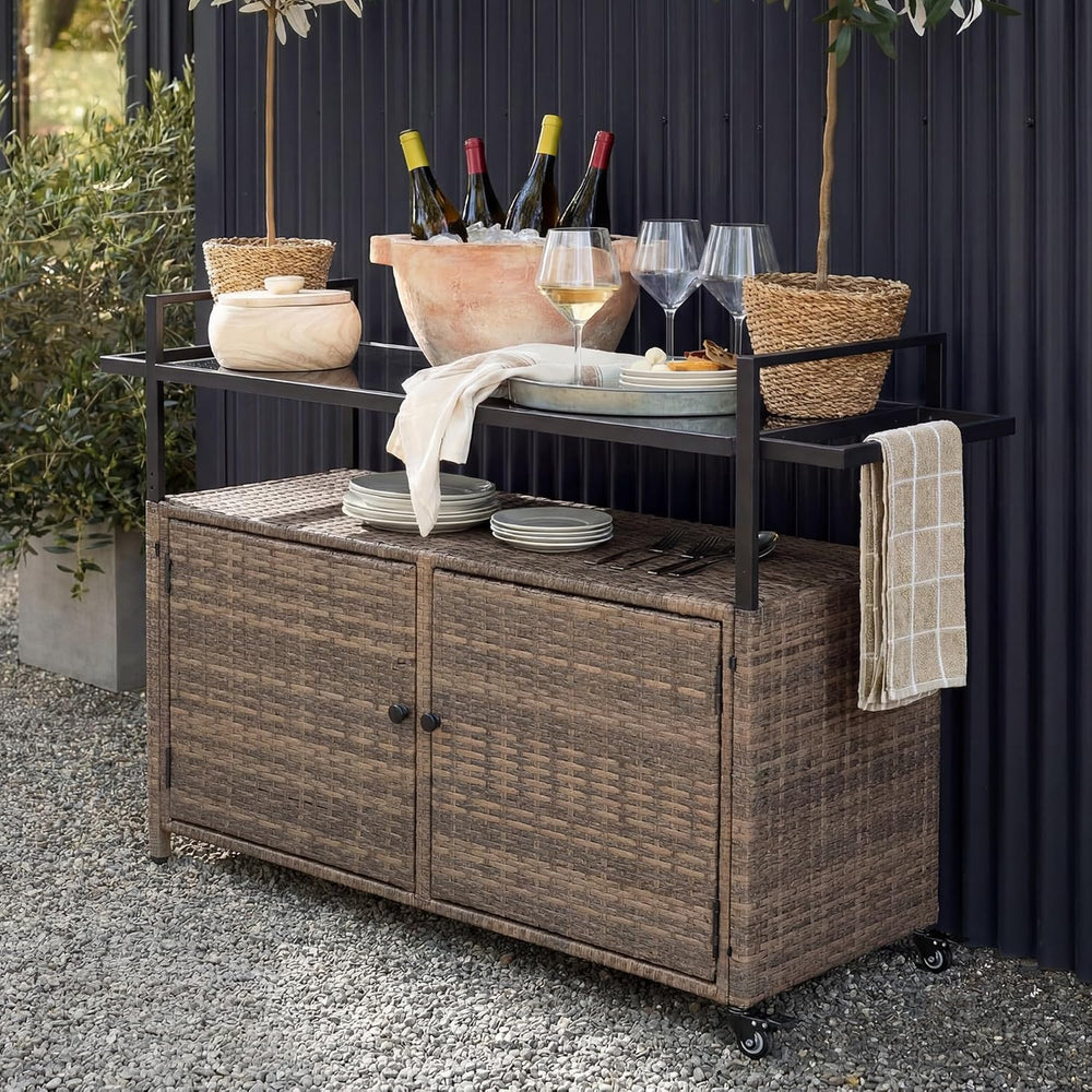 51.2" Wicker Outdoor Bar Cart - Brown Patio Console Storage Table Buffet...
