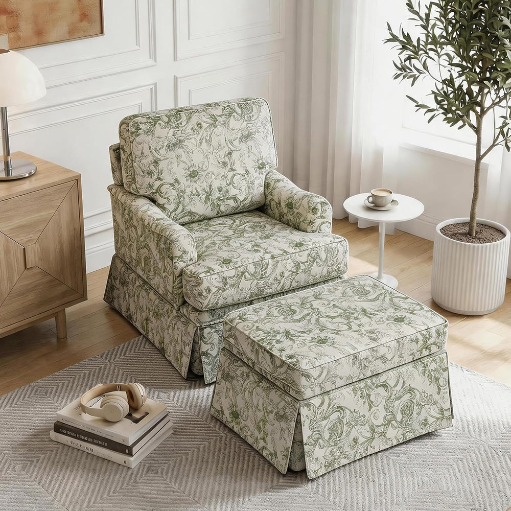Swivel Accent Chair with Ottoman, Rococo Green