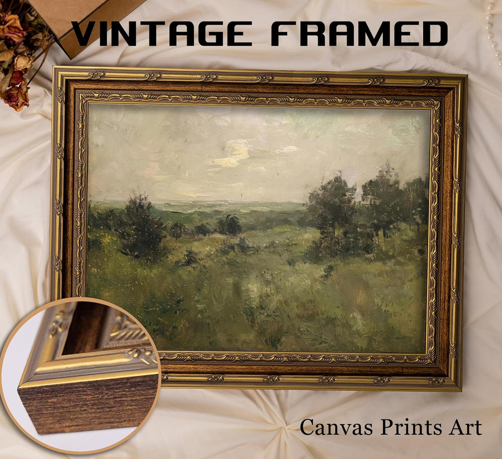 Vintage Gold Framed Landscape Wall art Retro Countryside Farmhouse Painting P...