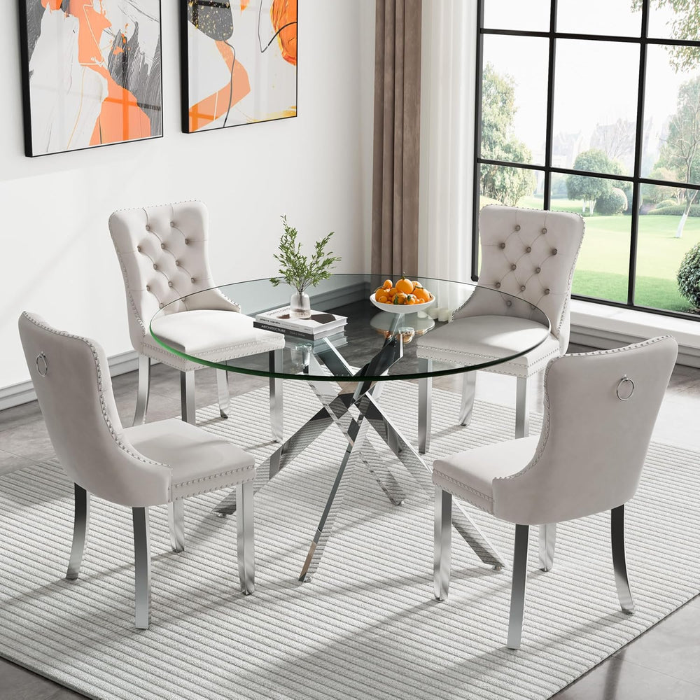 Henf 5 Piece Round Dining Table Set with 4 Chair, 47'' Round Glass Di...