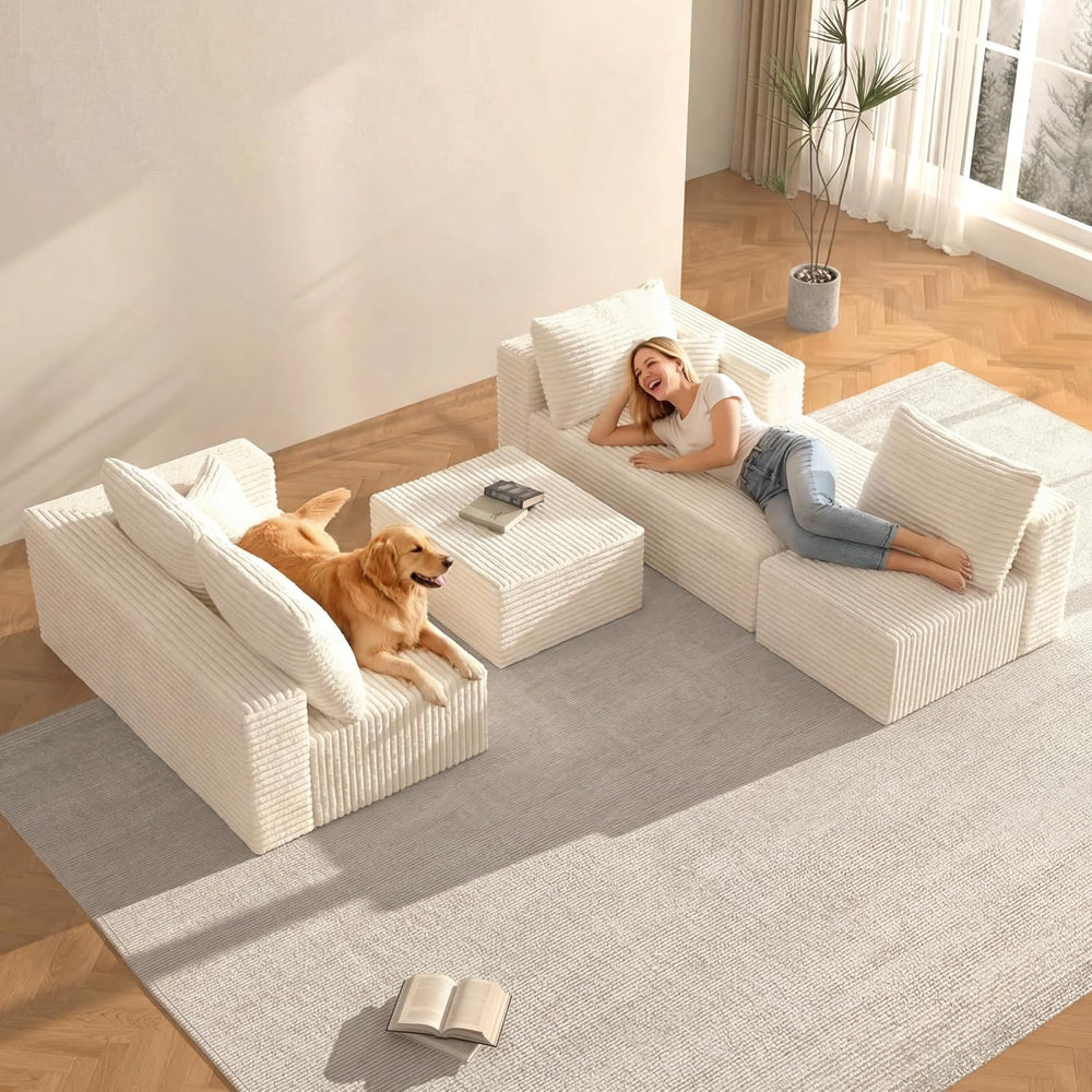 118" U-Shaped Modular Sectional Sofa Set,Soft Corduroy Cloud Couch with ...