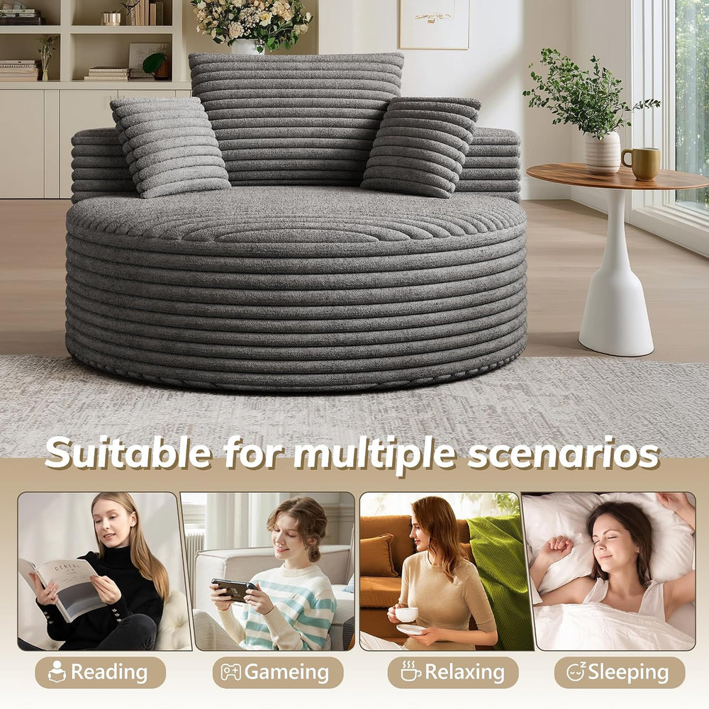 Oversized Round Chaise Lounge, 50" Corduroy Chair, Grey | Deep Seat Sing...