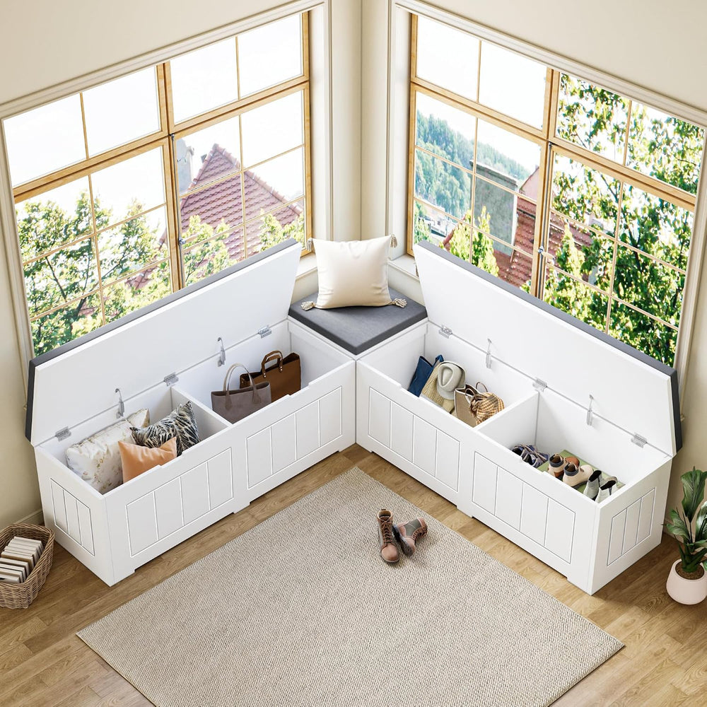 L-Shaped Corner Storage Bench Compartments & Cushioned Seat, Kitchen Brea...