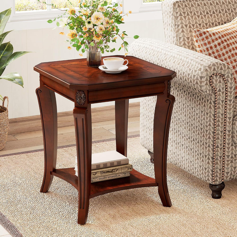 PADMA HOUSE Traditional Wood End Table with Storage Shelf, Square Solid Wood ...
