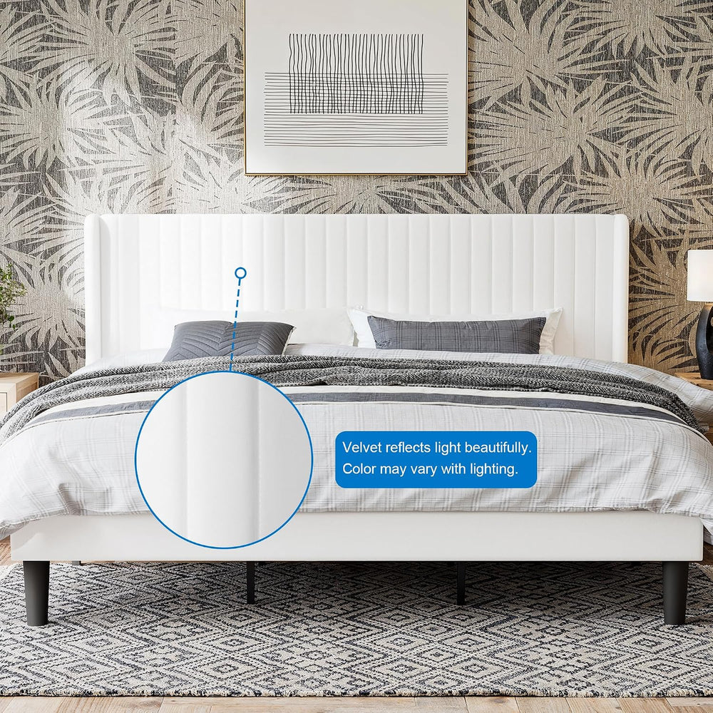 GOLDORO Upholstered King Size Bed Frame with Wingback Headboard, White