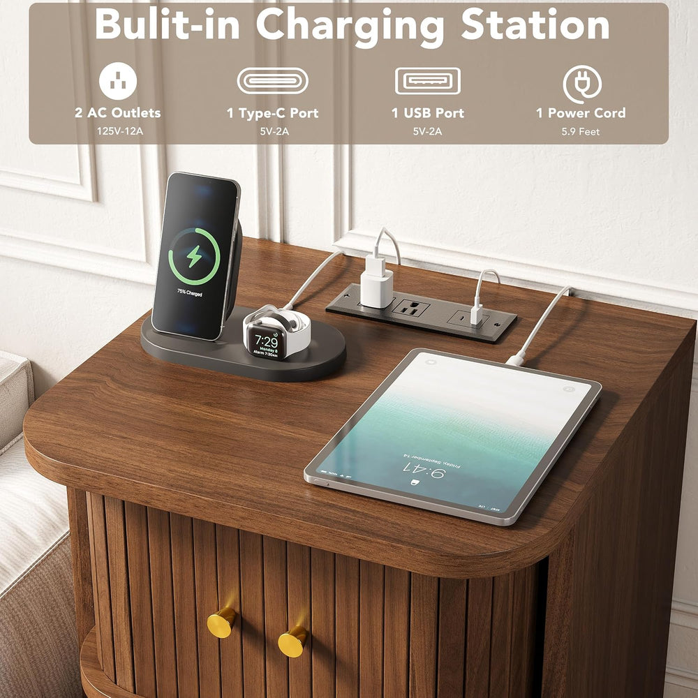 Decofy Mid Century Modern Nightstand Set of 2 with Charging Station, Walnut |...