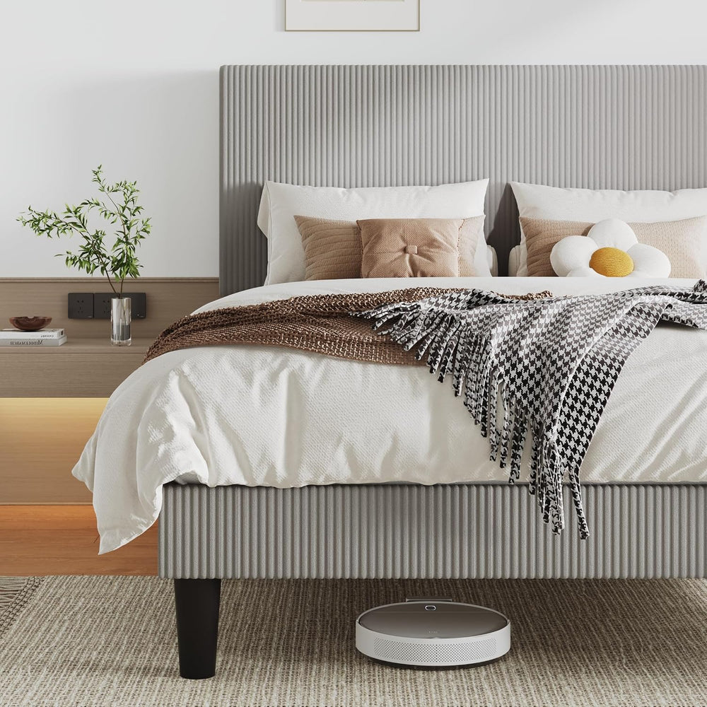 Allewie Full Bed Frame, Corduroy Tufted Headboard, Light Grey