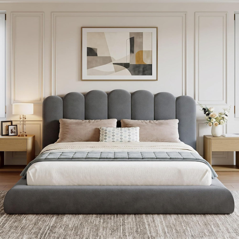 King Size Cloud Bed Frame with Headboard, Upholstered Platform Bed with Velve...