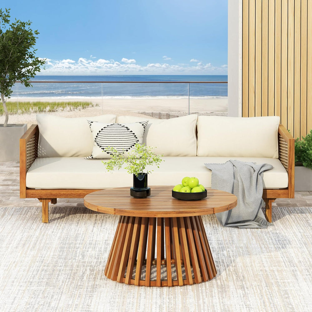 Merax Outdoor Acacia Wood Conversation Set - Patio 3-Seat Loveseat Sofa w/Cou...