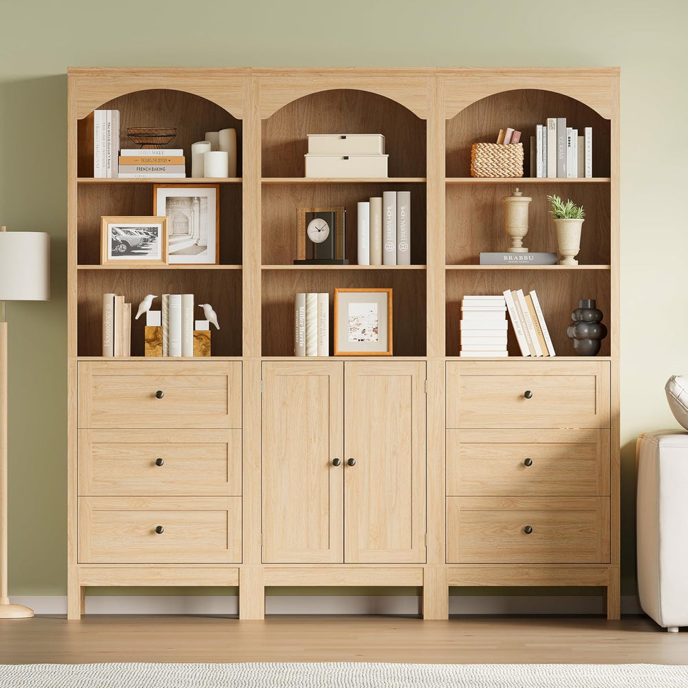 Arched Bookshelf,3 Tier Tall Bookcase with Adjustable Shelves and Cabinet