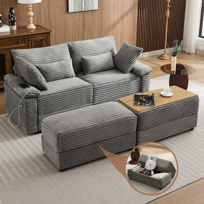 75" Corduroy Loveseat with Storage Ottoman, USB & Coffee Table, Grey