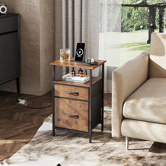 WLIVE Night Stand Set 2, Nightstand with Charging Station, Bedside Tables for...