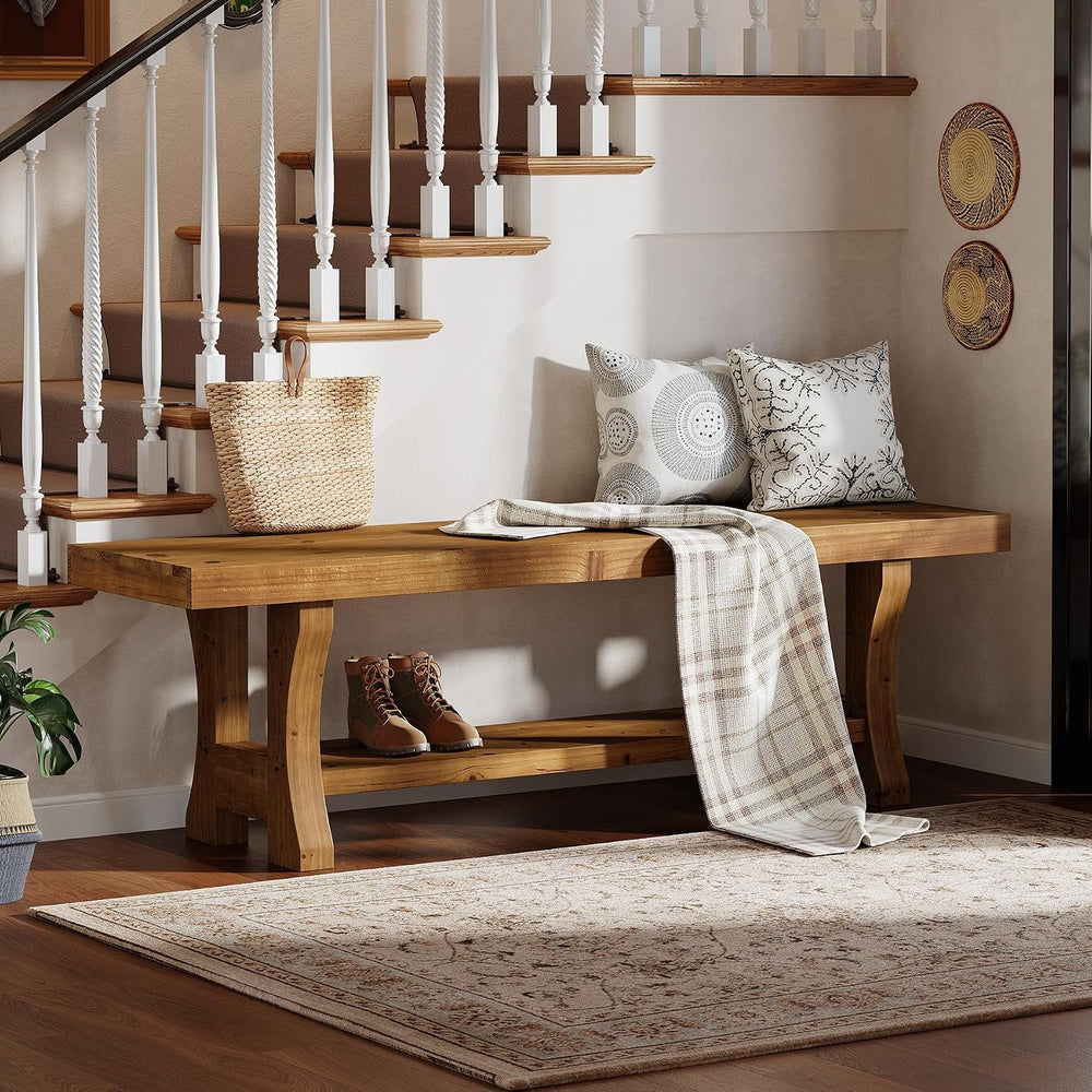 Solid Wood Entryway Bench, 55" End of Bed Bench, Long Indoor Dining Seat...