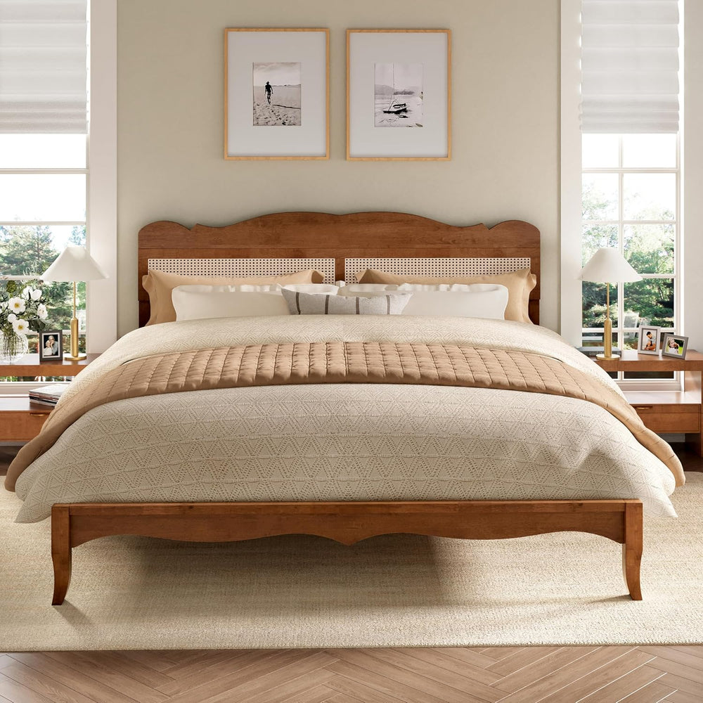 PHI VILLA Solid Wood King Size Bed Frame with Adjustable Headboard