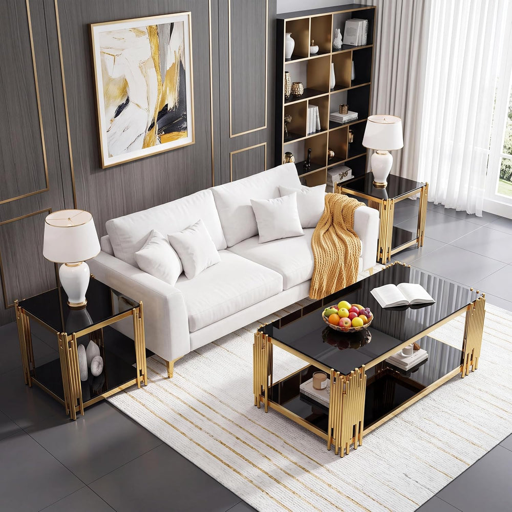 Glass Coffee Table Set of 3, End Table Modern Living Room Table Rectangle Cle...