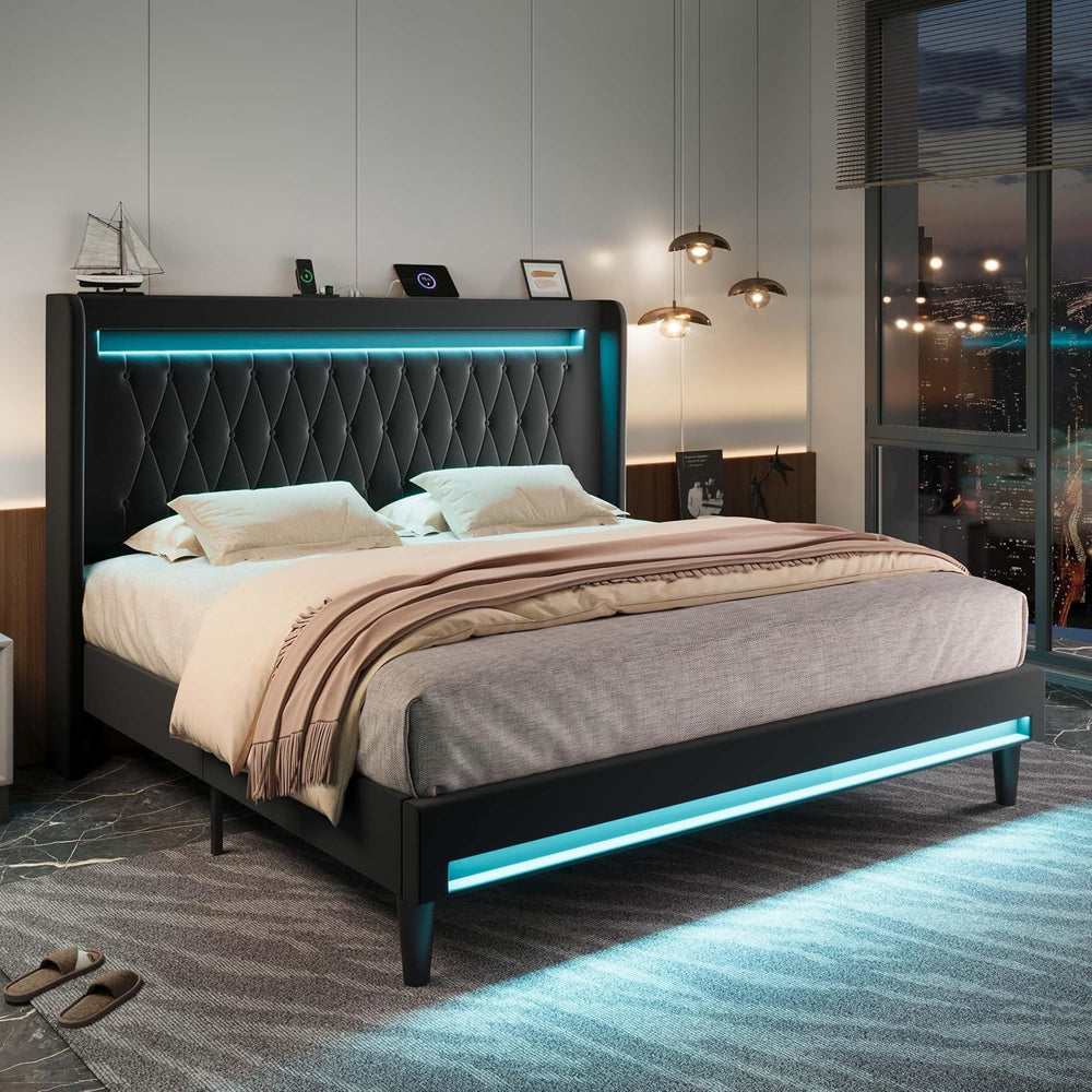 Allewie King Size Upholstered Bed Frame with LED & Charging Station, Black
