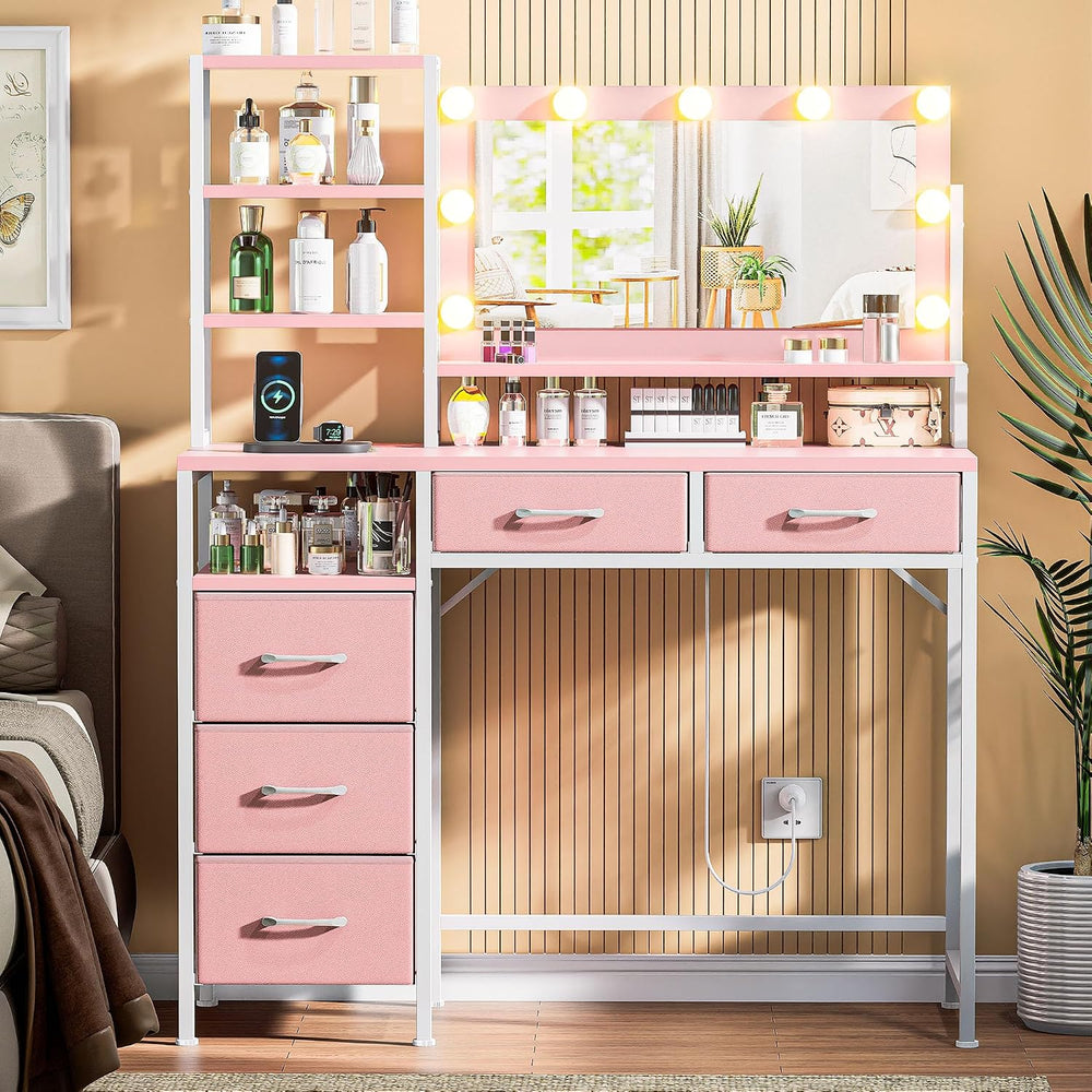 Vanity Desk with Mirror, 9 Lights, 3 Color Modes with Adjustable Brightness, ...
