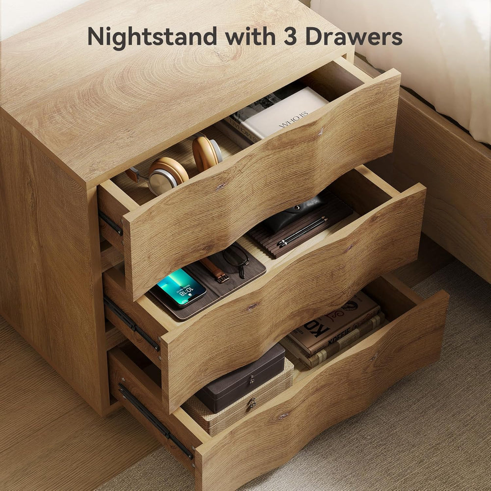 LITTLE TREE End Table with 3 Drawers, Fluted Nightstand, Farmhouse Bedside Ta...