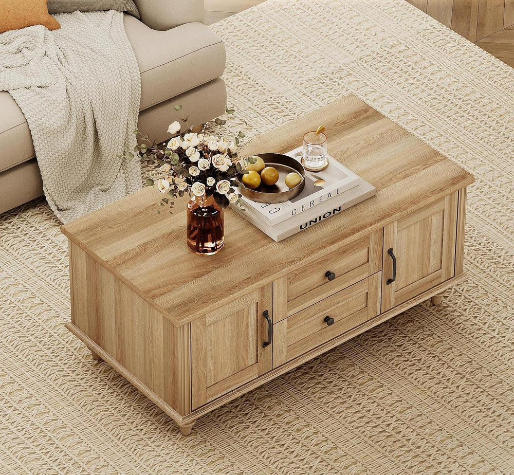 WAMPAT Oak Coffee Table with Drawer & Storage Cabinet, Farmhouse Rustic C...