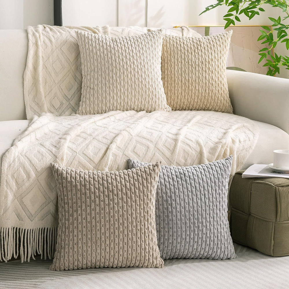 Set of 4 Neutral Decorative Throw Pillow Covers 22x22 Inch Corduroy Pillow Co...