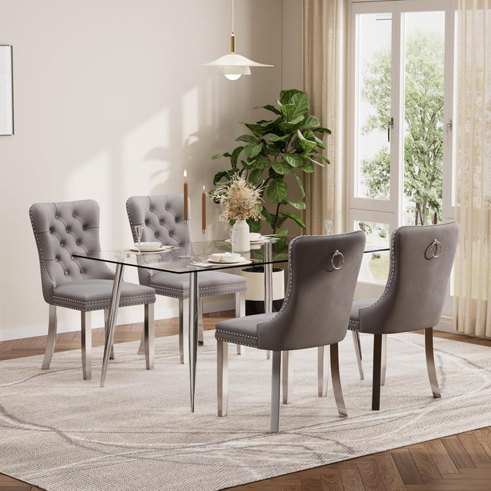 Baysitone 51" Glass Dining Table Set for 4, 5 Piece Modern Dining Room Set, Rectangular Glass Kitchen Table with 4 Upholstered Velvet Chairs, for Kitchen, Home, Small Spaces(Gray&Silver)