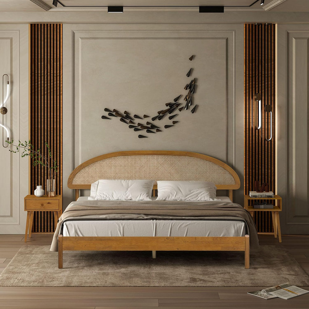 NTC Gem Wooden Bed Frame with Headboard and Natural Rattan, Solid Oak/Rubber ...