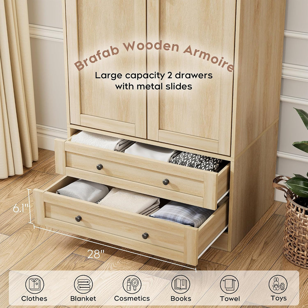 Brafab 2 Doors Wooden Armoire Wardrobe Closet with 2 Drawers, Natural | 2 Mod...
