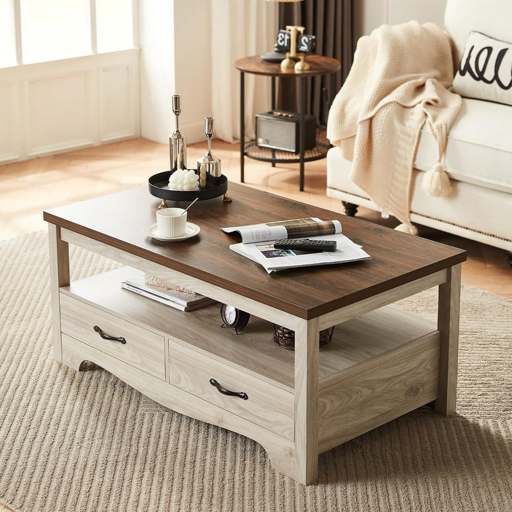 LINSY HOME Farmhouse Coffee Table with Storage, Wood Coffee Table for Living ...