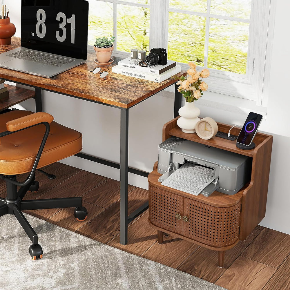 Metal Rattan End Table with Charging Station, Mid Century Modern Nightstand w...