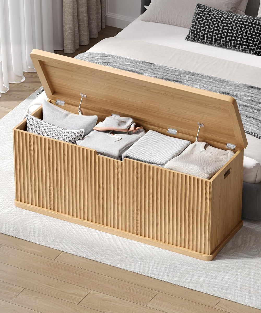 Akxomel 45.3" Fluted Storage Chest Wooden Storage Trunk 2 Safety Hinges ...