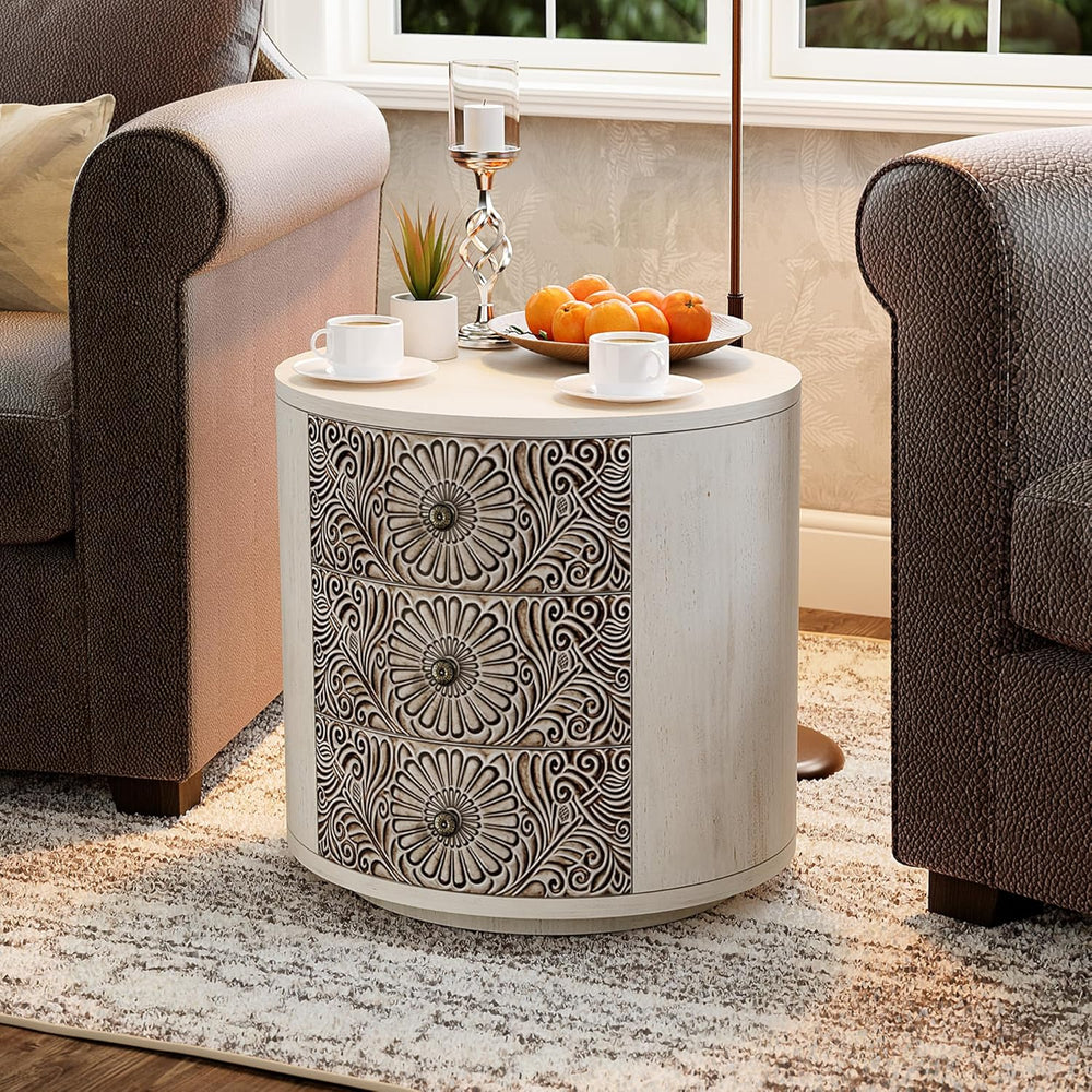 SUNBURY Round Night Stand Set of 2, Farmhouse Bedside Table, Farmhouse End Ta...