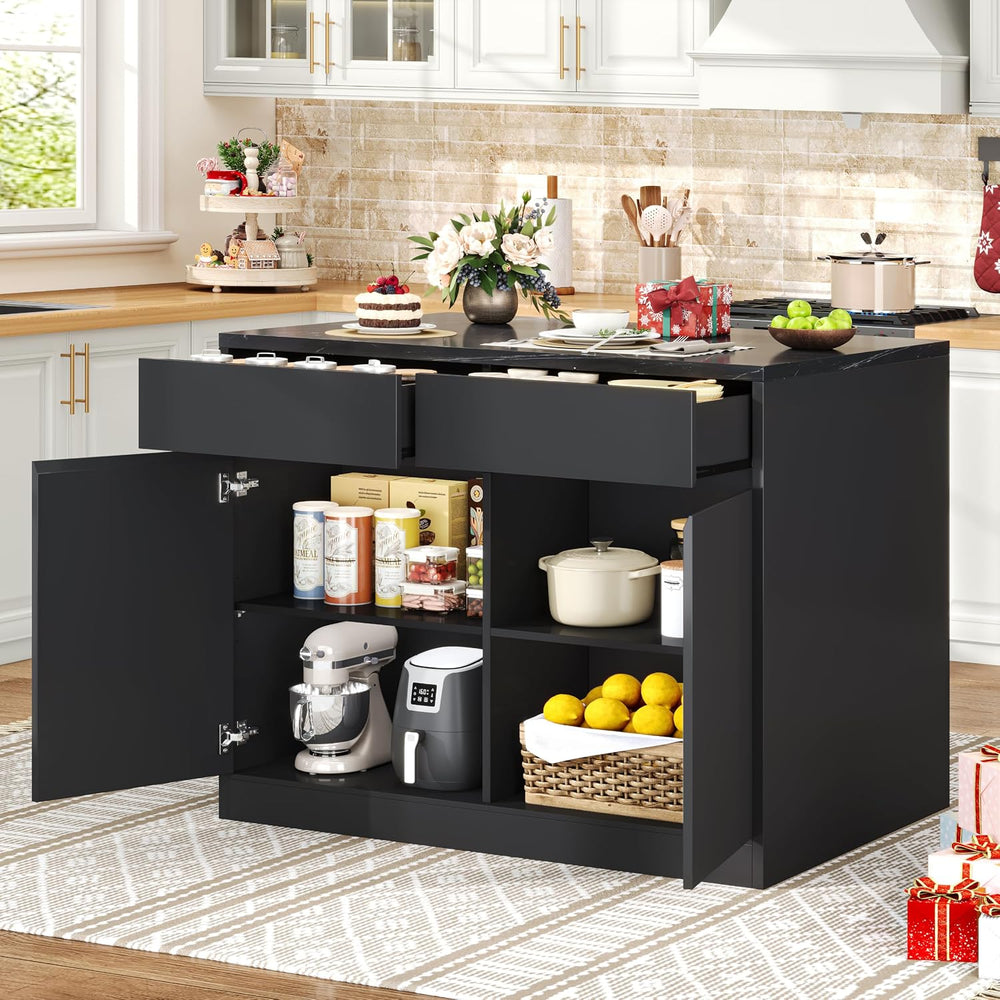 DynJest Kitchen Island with Storage, 47.2" Large Faux Marble Countertop ...