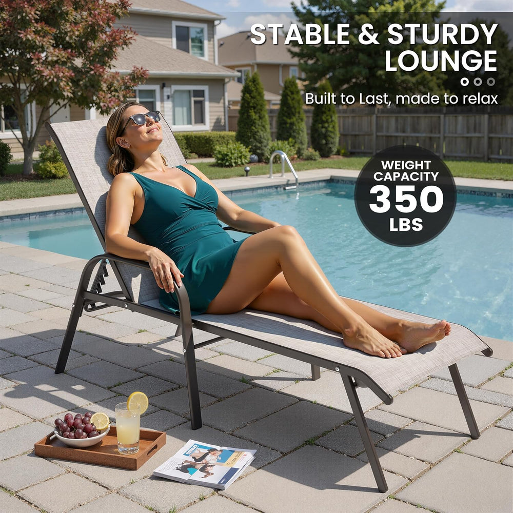 Chaise Lounge Chair Outdoor, Pool Chairs Set of 2 with Armrests (Beige)