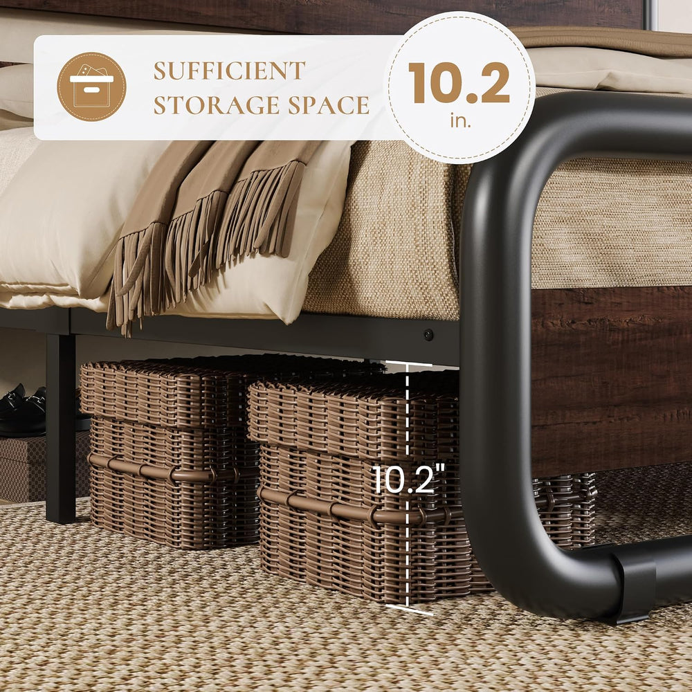 SHA CERLIN Queen Size Metal Bed Frame with Wooden Headboard, Mahogany