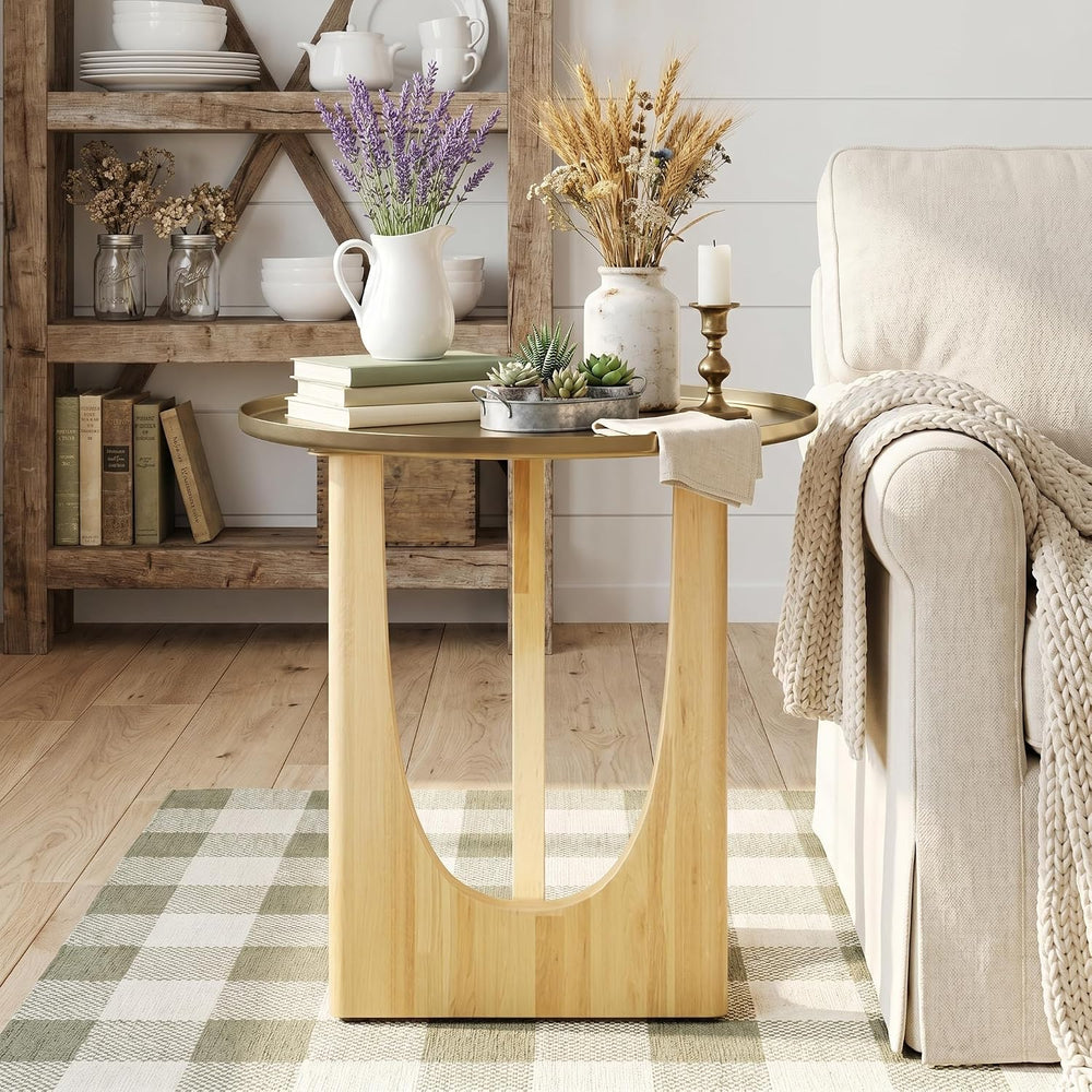 Asday Farmhouse End Table, Wood Side Table with Metal Tray Top, Geometric Bas...