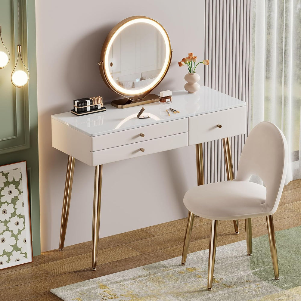 KDCAS 39" White and Gold Vanity with Lights and Chair