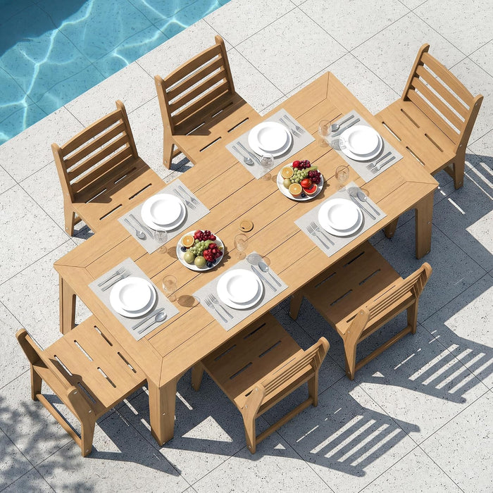 HDPE Patio Dining Set for 6, 7 Pcs Outddor Table & Chairs, Teak Color