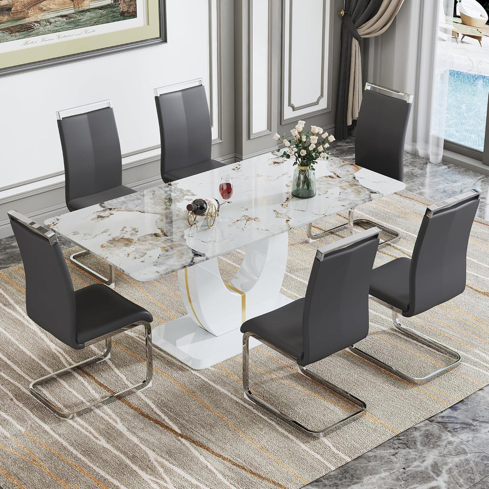 JUFU Dining Table Set for 6 with Chairs PU Upholstered, 71'' Pandora ...