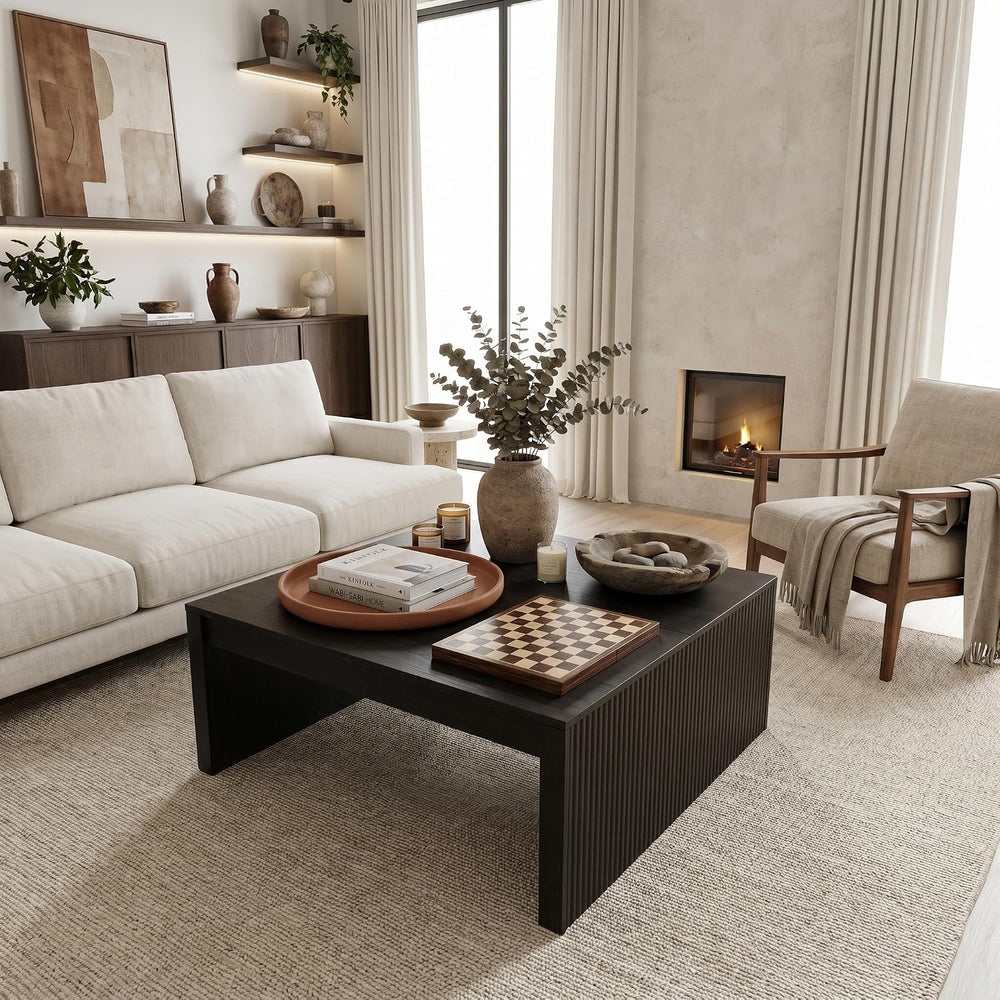 LITTLE TREE 39.4" Square Fluted Coffee Table, Mid-Century Modern Black C...