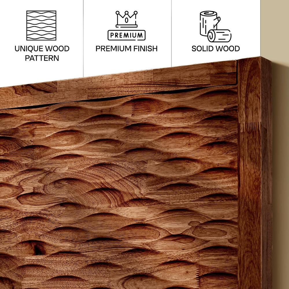 Acacia Elara Wood Bed Frame with CNC-Carved Headboard, Queen Size, Walnut