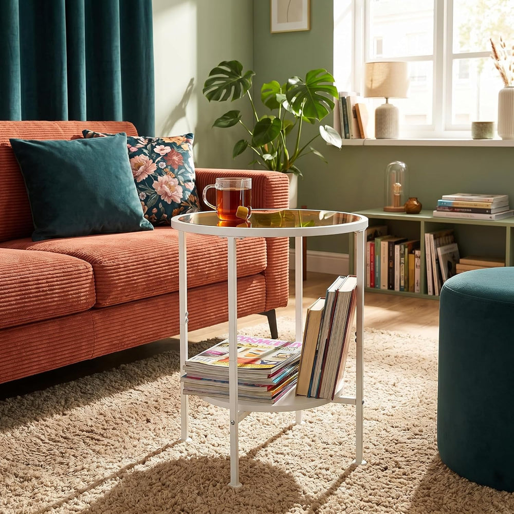2 Tier Round Side Table with Tempered Amber Glass Top, White Metal End Table ...