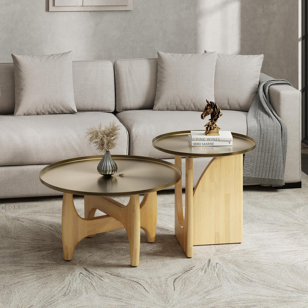 AUZ Round End Table with Brushed Gold Top, Small Wood Side Table for Living R...