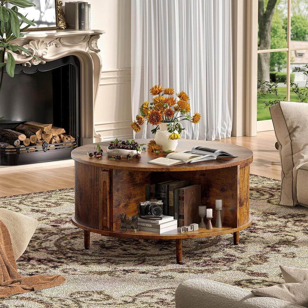 Round Coffee Table, 31.5" Fluted Center Table with Storage, Lift-Top Cof...