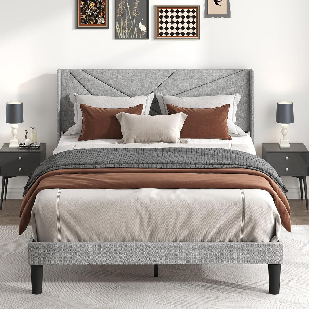 Queen Size Bed Frame with Upholstered Wingback Headboard, Easy Assemnly Platf...