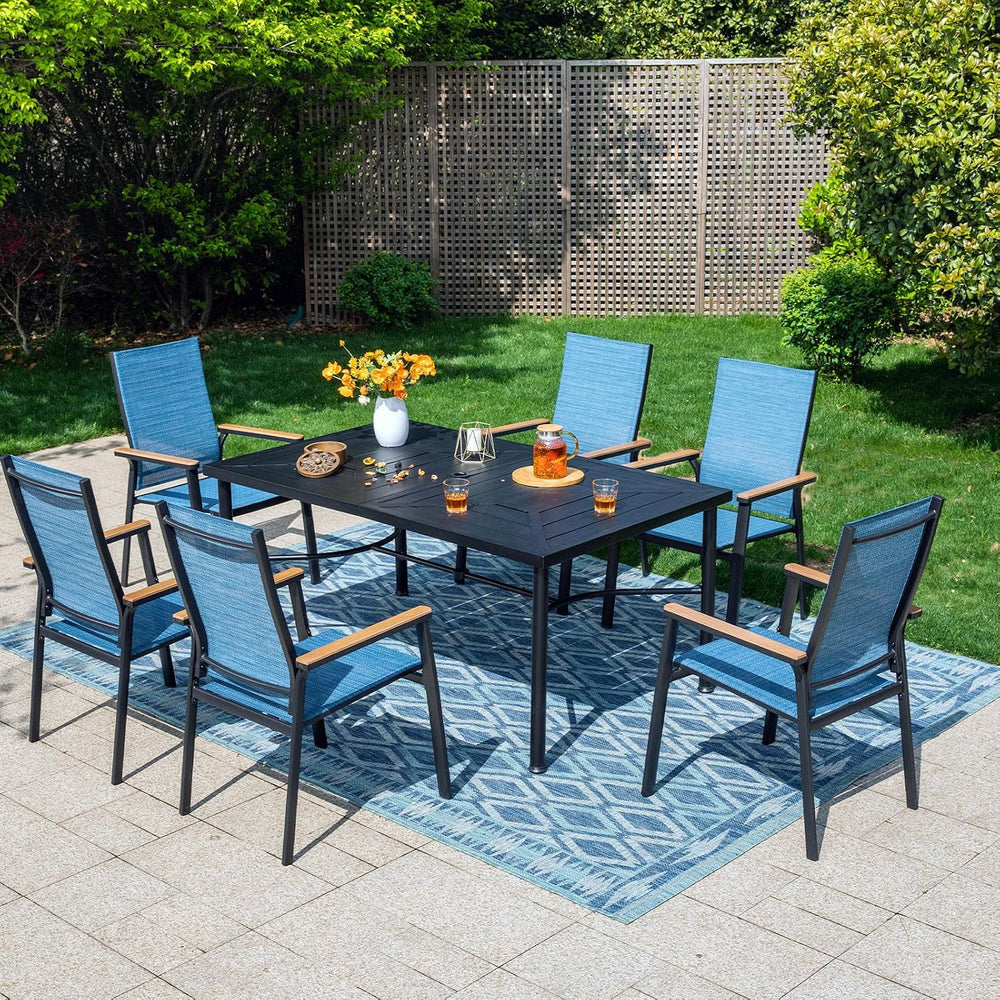 PHI VILLA Outdoor Dining Set for 6, Metal Table w/Aluminum Chairs, Blue