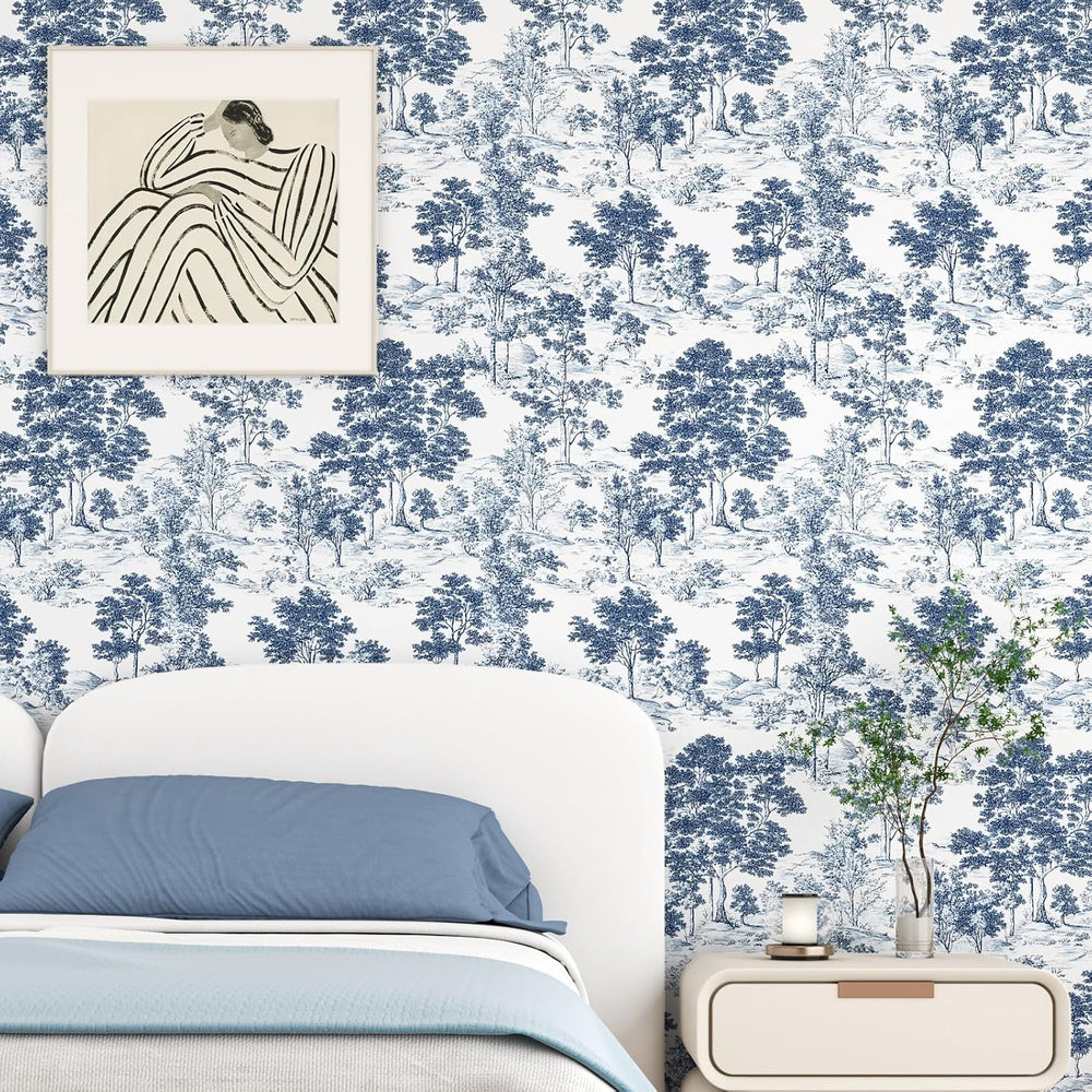 Vintage Toile de Jouy Navy Peel and Stick Wallpaper 17.5" x 787"